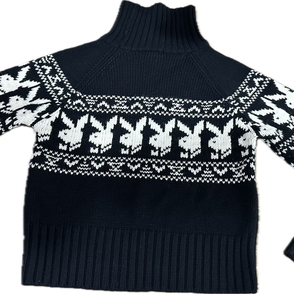 PLAYBOY Black and White Cowl Turtleneck Sweater with Nordic Pattern